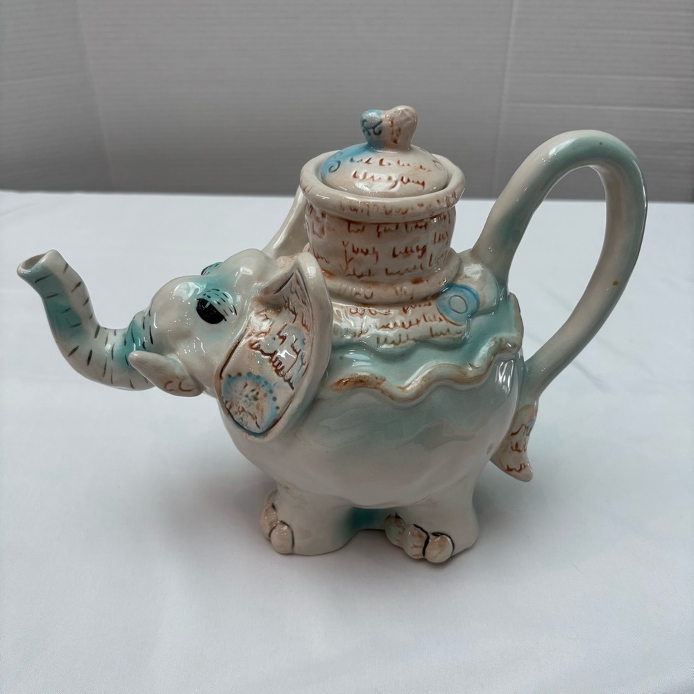 Blue Sky Clayworks Elephant Ceramic Teapot by Heather Goldminc Cream Blue